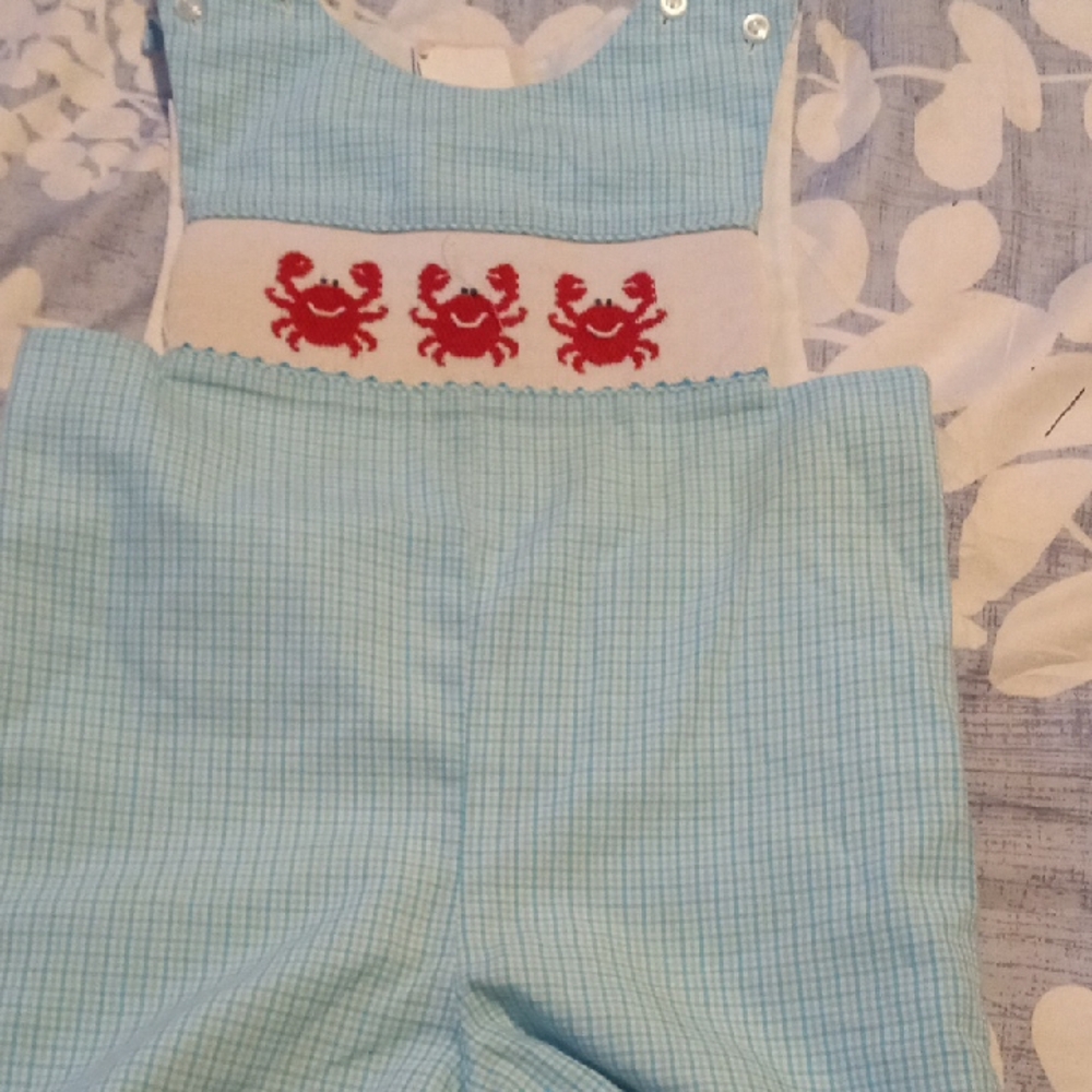 Blue Checkered Baby Romper with Red Crab Design